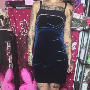 vintage Jump Apparel velvet royal blue rhinestone accent neckline mini dress